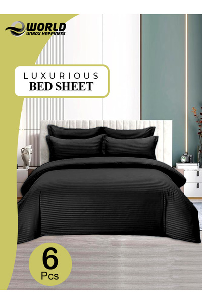 Eworld 6-Piece King Size Black Striped Cotton Bedding Set with Fitted Sheet, Quilt Cover & Pillowcases