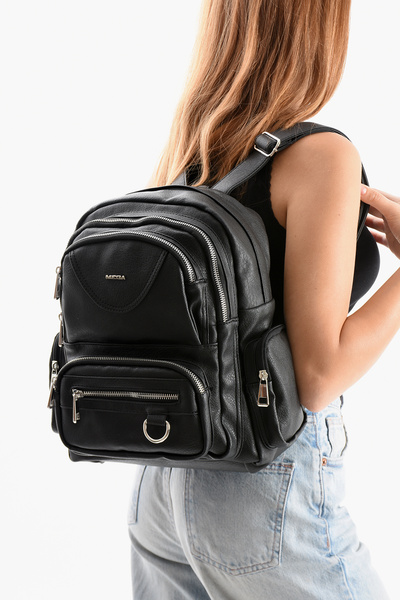 H&D COLLECTİON Mega Women's Faux Leather Black Multi-Compartment Waterproof Backpack