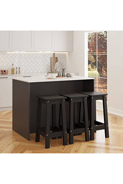 Bimossa Vino G5131 3Adet Siyah Tabure Mutfak Ada Carrara Mermer Desen Antrasit Şaraplıklı Çok Amaçlı Masa