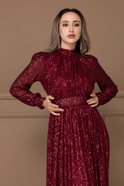 BEYBOS Sequin Tulle Sequin Ruched Detail Kiloş Long Dress - Bordo