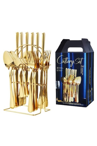 Promagg Complete Stainless Steel Cutlery Set, 24 Pieces, with Cutlery Holder, Gold
