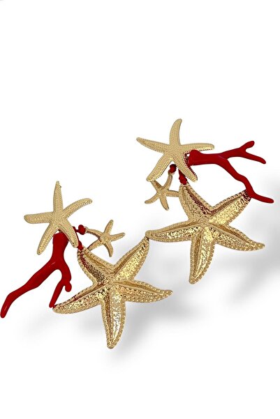 TAKIŞTIR Gold and Red Color Star Figured Design Earrings (Pair)