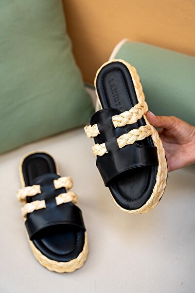 LamintaGlobal Frida Black Straw Striped Women's Slippers
