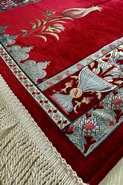 MUSK STORE Tulip Design Luxury Quilted Chenille Fabric Prayer Mat 115X66 Cm. 800g. Red