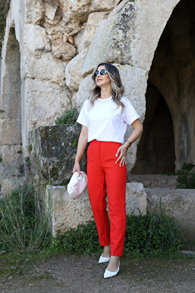bytugcekaya Pomegranate Flower Front Flatolu Fabric Trousers