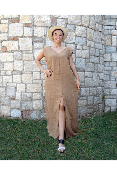 Metta's Shop Kahverengi Yırtmaçlı Vatkalı Uzun İtalyan Elbise