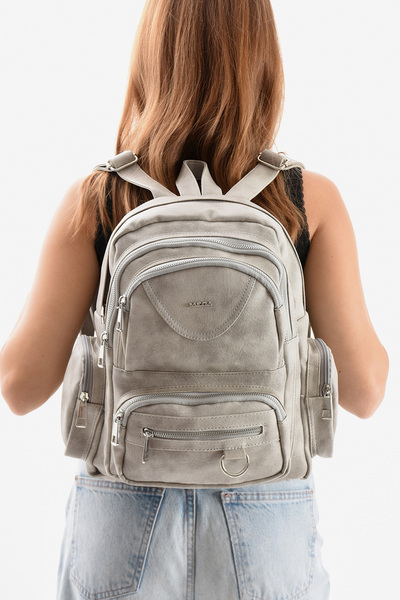 H&D COLLECTİON Mega women's faux leather gray multi-compartment waterproof backpack