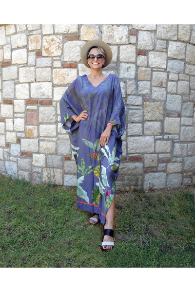 Metta's Shop Bol Kesim Mor-Mavi Yaprak Desenli İtalyan Elbise
