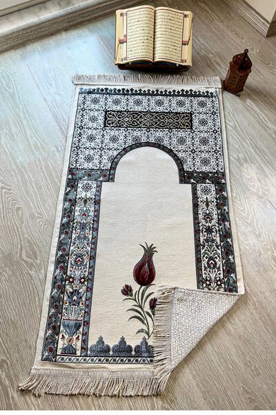 MUSK STORE Tulip Design Luxury Quilted Chenille Fabric Prayer Mat 115X66 Cm. 800g. Cream