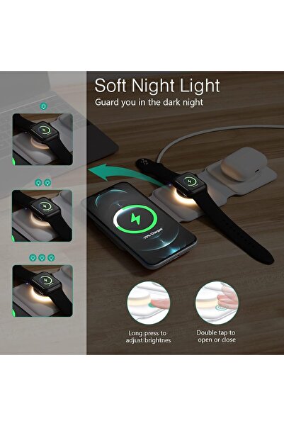 Generic 3-in-1 Wireless Charger with Night Light, Fast Foldable Charging Station for iPhone 14/