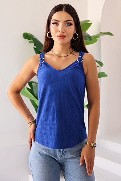 Kübra Tekstil Women's Blue Strap V-Neck Ring Detail Summer Blouse, Women's Bl...