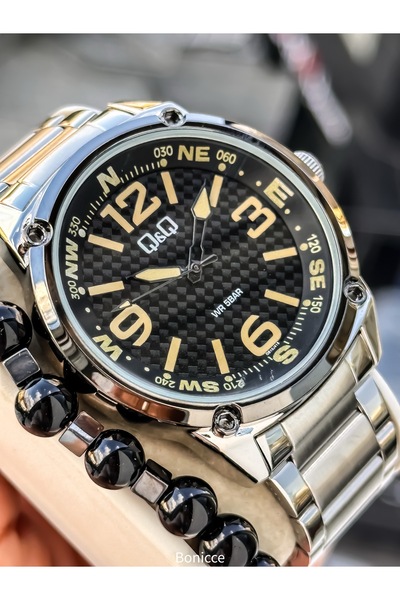 Q&Q Men's Wristwatch, Silver Steel Band, 5 Atm Water Resistant, Bracelet