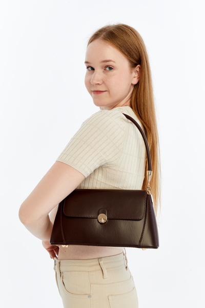 Ensar Çanta Bitter Brown Women's Retro Front Flap Leather Look Shoulder Bag