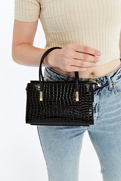 Ensar Çanta Patent Leather Black Crocodile Women's Mini Shoulder and Hand Bag...