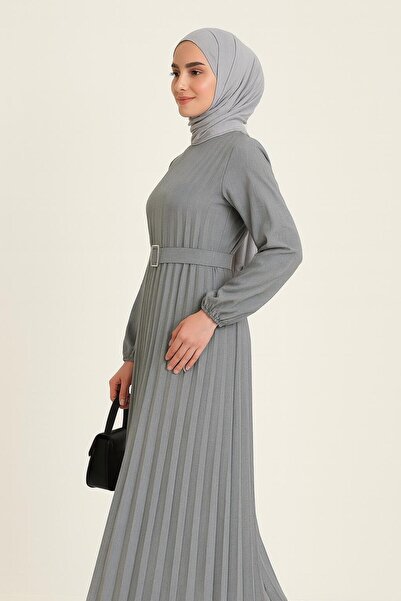 Sfg Life Moda Women's Crew Neck, Stylish Pleated Linen Dress with Elastic Sleeves and Belt