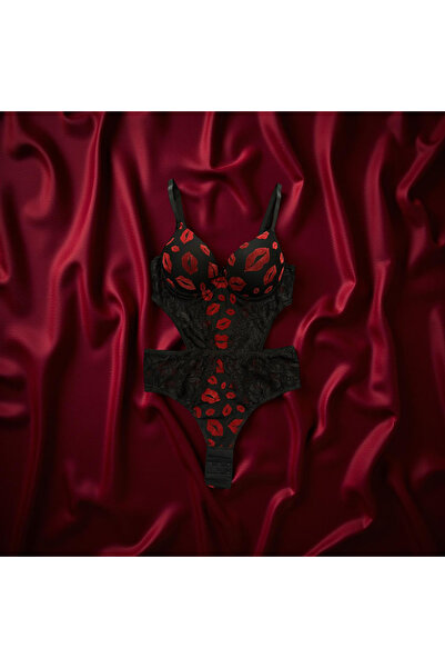 Siyah Dudak Detaylı Kalpli Özel Tasarım Destekli Dolgulu Babydoll,Bodysuit