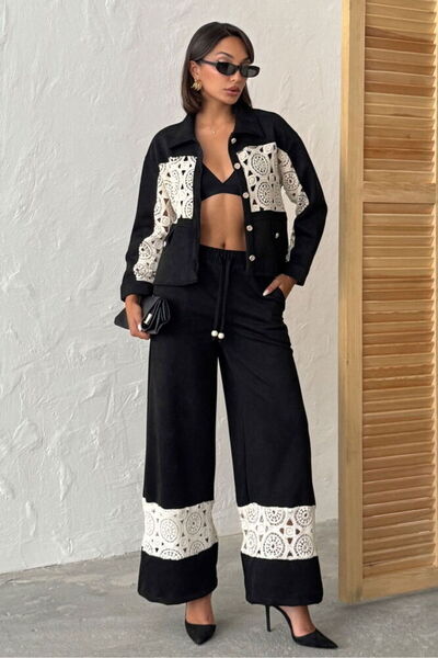 BRGCLOTHING Γυναικείο παντελόνι με φαρδύ πόδι με λεπτομέρεια από δαντέλα