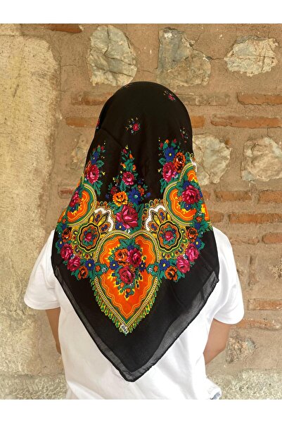 Sobe Hediyelik Mardin Yazması Siyah Zeminde Çiçek Desenli Başörtüsü100x100 cm...