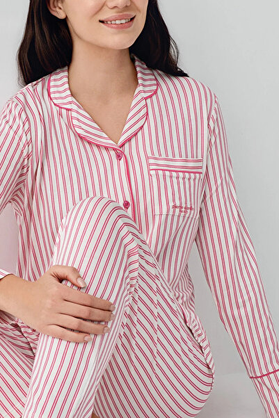 Pierre Cardin Gömlek Yaka, Cepli, Kadın Pijama Takımı, Önden Düğmeli, Uzun Kollu, %50 Pamuk & %50 Modal