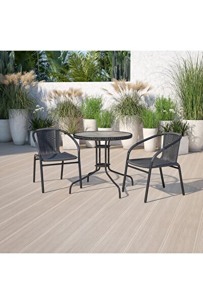 Flash Furniture Lila 28'' Round Glass Metal Table with Black Rattan Edging and 2 Black Rattan Stack