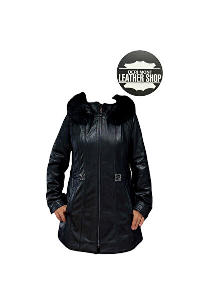 derimont HAKİKİ KUZU DERİSİ KAPÜŞONLU UZUN KADIN CEKET