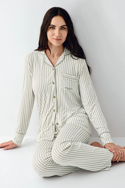 Pierre Cardin Gömlek Yaka, Cepli, Kadın Pijama Takımı, Önden Düğmeli, Uzun Kollu, %50 Pamuk & %50 Modal