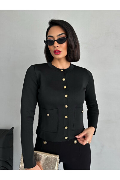 My Blog Schwarze Strickjacke mit Taschen und Knopfdetail 4467 - 4457