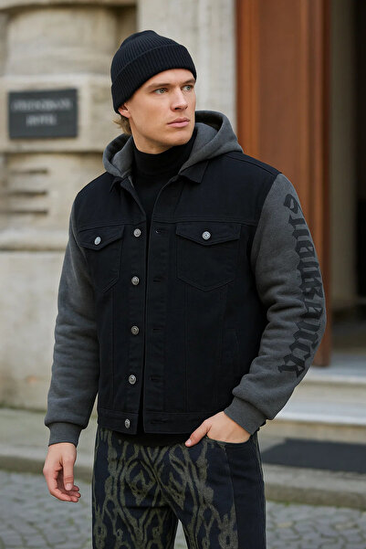 DAMGA JEANS Jachetă neagră de denim largi cu glugă cu imprimeu pe spate pentr...