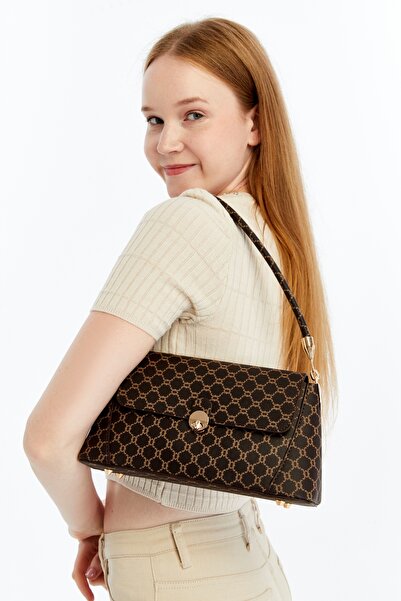 Ensar Çanta Desenli Siyah Kadın Retro Önden Kapaklı Deri Görünümlü Omuz Çantası