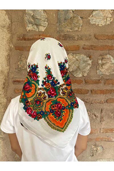 Sobe Hediyelik Mardin Calligraphy White Background Floral Patterned Headscarf 100X100 cm – Dowry and Daily Use