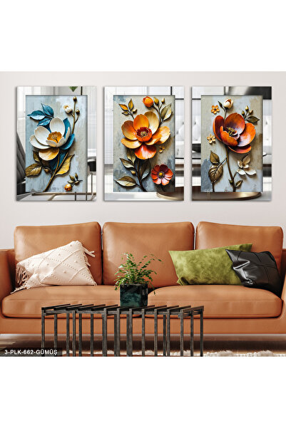 Evinemoda Renkli Çiçekler 3 Parça Gümüş Pleksi Aynalı Tablo