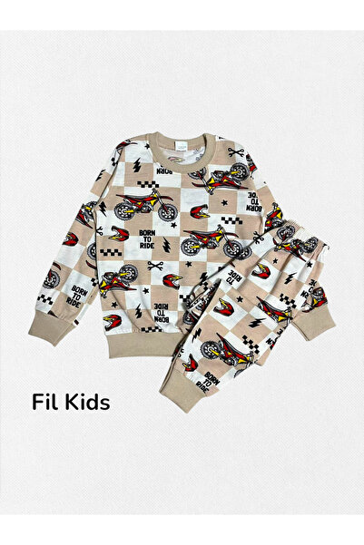 Fil Kids Erkek Çocuk Pamuklu Kumaş Bej Renk Cross Motor Desenli Uzun Kollu Kı...
