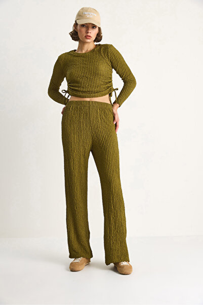 Bianco Lucci Women's Tie-Side Crop Top with Elastic Waist High-Waisted Pants Wrap-Style Top and Bottom Set 60284110