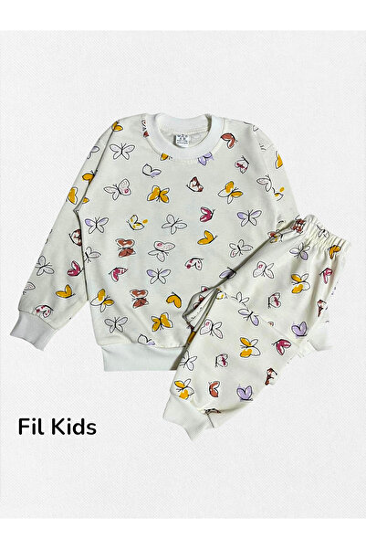 Fil Kids Girl's Cotton Fabric Ecru Colored Butterflies Patterned Long Sleeve Winter Pajama Set