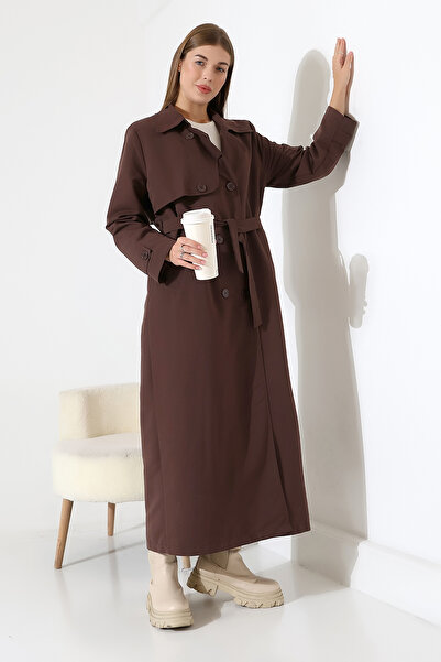 B.HE.Z Amazon Lněná látka Dlouhý střih Zapínání na knoflíky Podšitý Měkký texturovaný trenčkot Džíny Tmavě hnědá