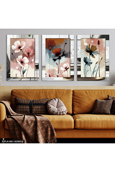 Evinemoda Çizim Çiçek 3 Parça Gümüş Pleksi Aynalı Tablo
