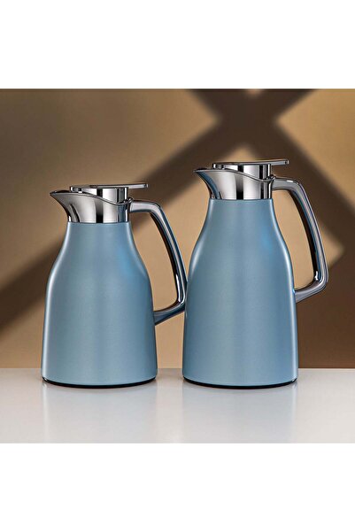 Radin طقم ترمس المرجان المفرغ من الهواء، أزرق مطفي وفضي، سعة 0.7 لتر + 1 لتر