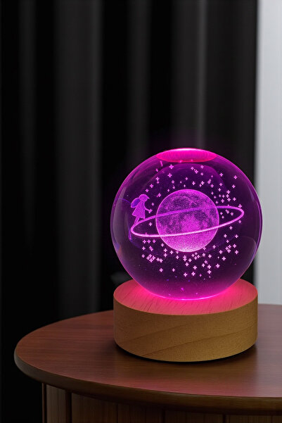 Zemtigo Ahşap Standlı Mor Led Işıklı Cam Satürn Kız Küre Lamba Lotus Kamelya Çiçeği Kolye Kar Küresi USB'li