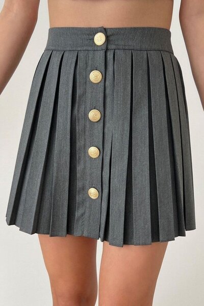 Lemajh Gold Buttoned Pleated Gray Mini Skirt
