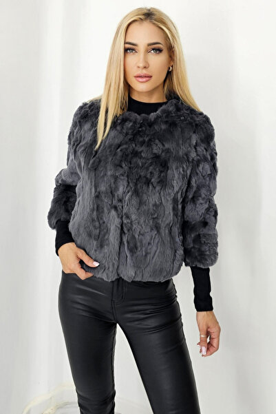 FashionForYou Gosep short jacket made of natural rabbit fur, Dark gray