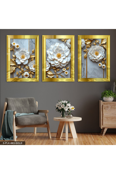 Evinemoda Beyaz Çiçek 3 Parça Gold Pleksi Aynalı Tablo