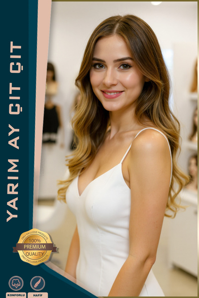 KONAK PERUK Fiber Sentetik Yarım Ay Çıtçıt - Koyu Kumral / Bal köpüğü Ombreli