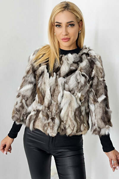 FashionForYou Κοντό μπουφάν Benjo, από γούνα αλεπούς, Λευκό-Μπεζ, XL