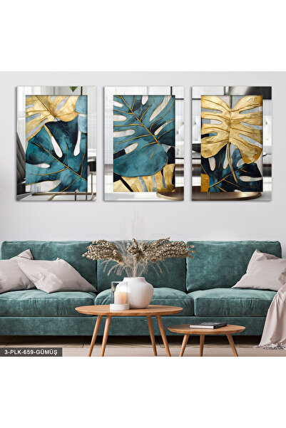 Evinemoda Mavi Gold Yaprak 3 Parça Gümüş Pleksi Aynalı Tablo
