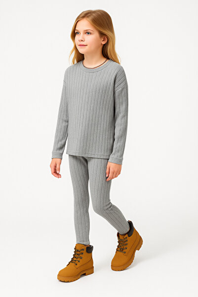 poswicon Grey Crew Neck Long Sleeve Sweatshirt and Sweatpants Bottom Top Set