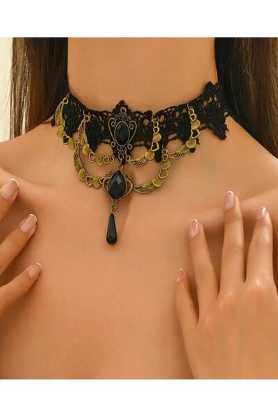 KANERUZ Gotik Siyah Dantel Gerdanlık Kolye