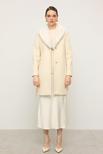 Olcay Shawl Collar Fur Belted Coat Ecru 3093