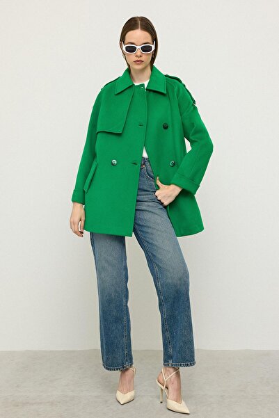 Olcay Reglan Sleeve Epaulet and Cape Detailed Cashmere Coat Light Green 3131