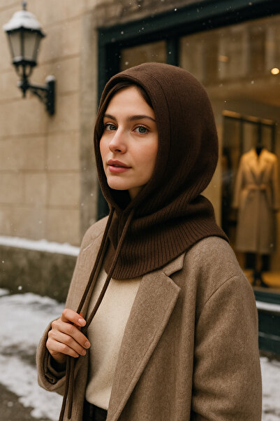 Luminos Butik Women's Knitwear Brown Balaklava Neck Collar Hat Byn05