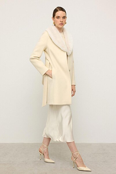 Olcay Shawl Collar Fur Belted Coat Ecru 3093